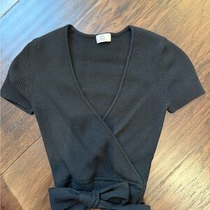 Aritzia Black Ribbed Wrap Top with Tie Waist